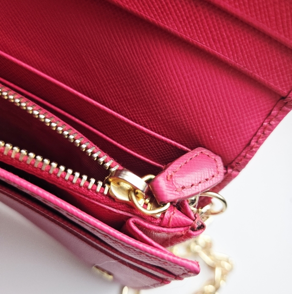 Authentic PRADA Logo Saffiano Leather Pink Gold Bifold Wallet Clutch Holder WOC - Picture 8 of 14